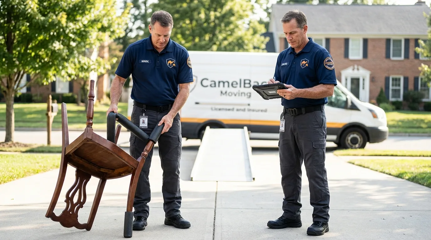 Movers inspecting furniture for damage prevention before loading in Leesport, PA