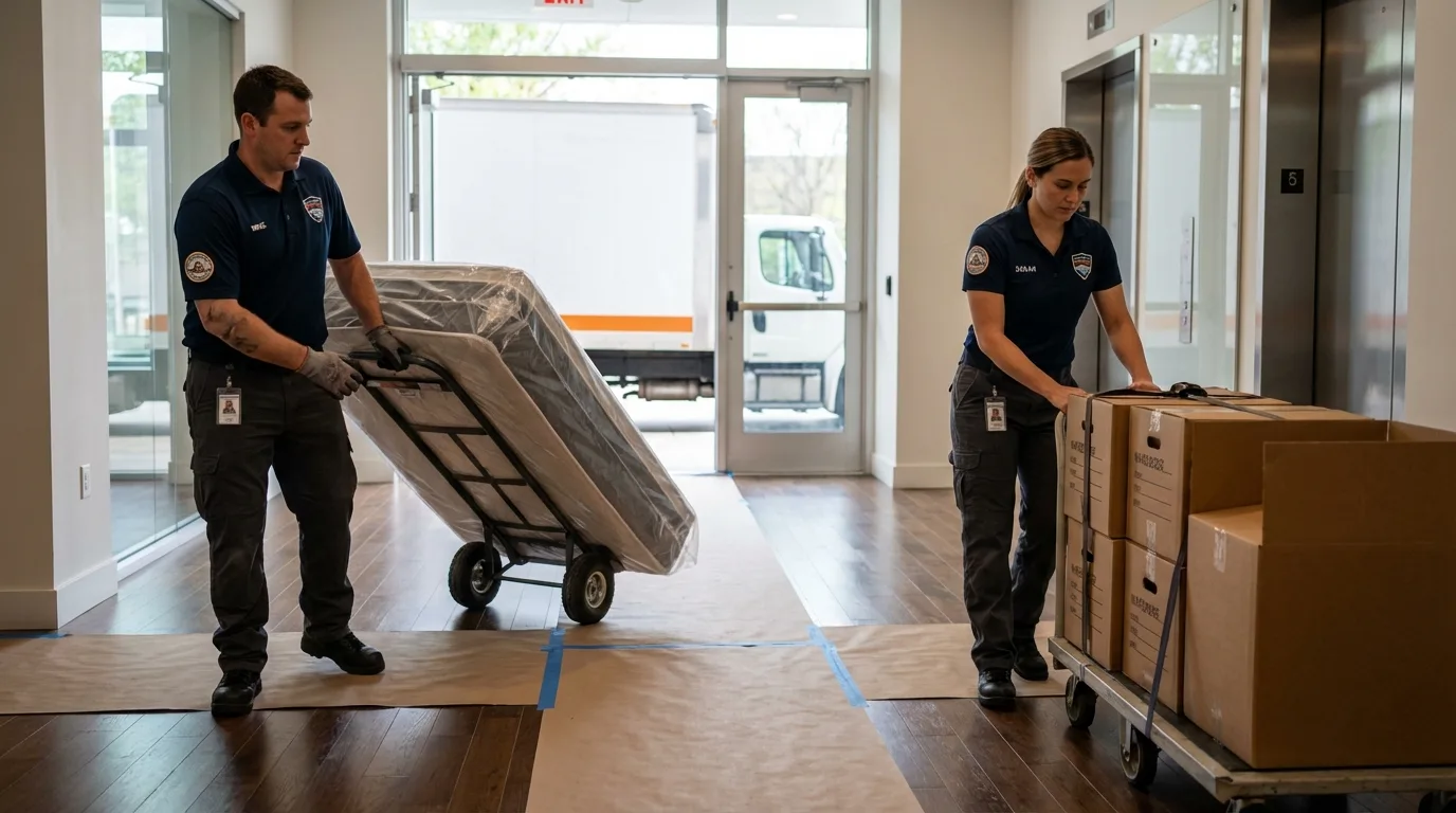 Professional apartment movers loading elevator in Leesport, PA